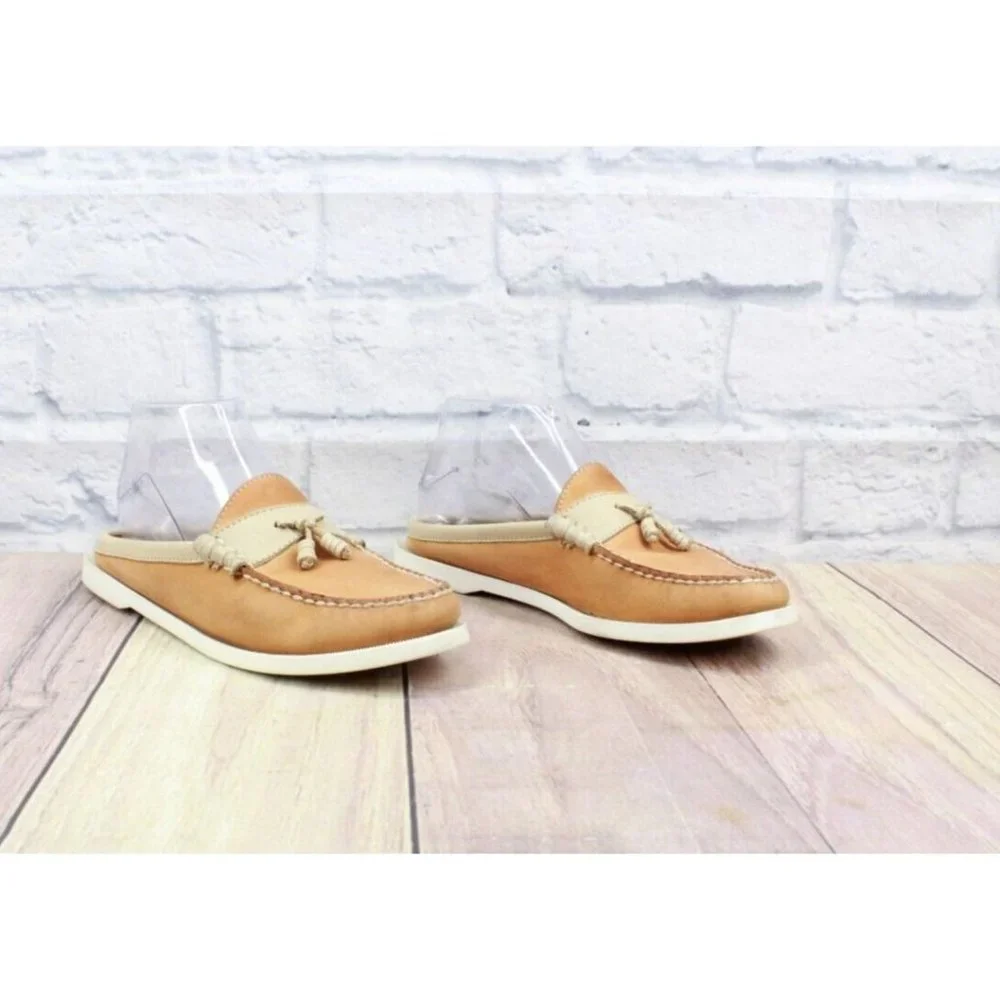 LL Bean Tan Leather Mule Flat Slide Moc Toe Open Back Loafer Size 6 M - Picture 3 of 9